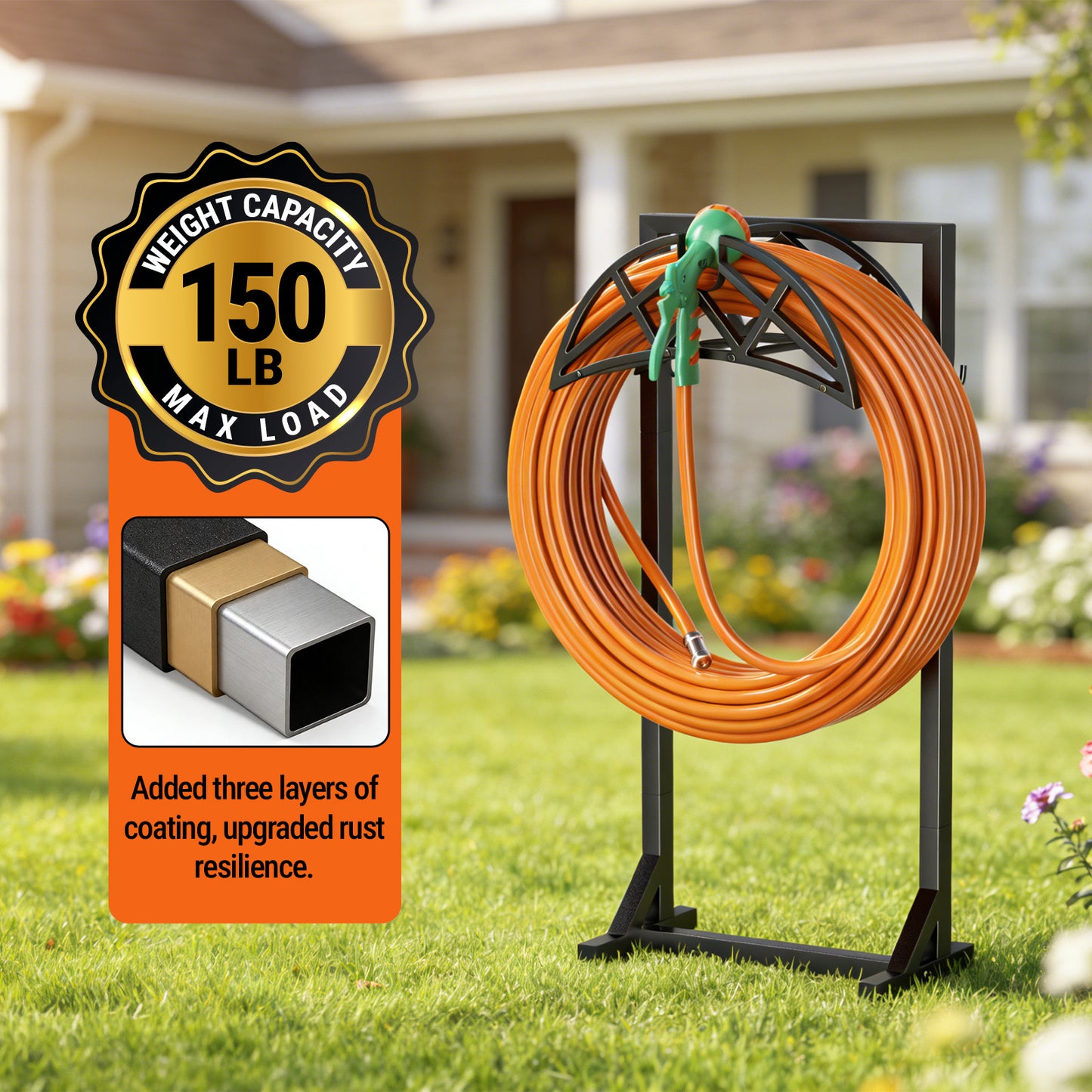YFFSRJDJ Garden Hose Holder, Heavy-Duty Water Hose Reel with Stable Base & 2 Tool Hooks, Freestanding Storage Rack for Outside, Holds 150ft – Metal Stand for Yard & Lawn