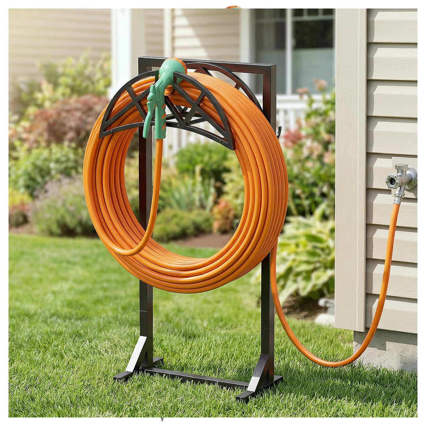YFFSRJDJ Garden Hose Holder, Heavy-Duty Water Hose Reel with Stable Base & 2 Tool Hooks, Freestanding Storage Rack for Outside, Holds 150ft – Metal Stand for Yard & Lawn