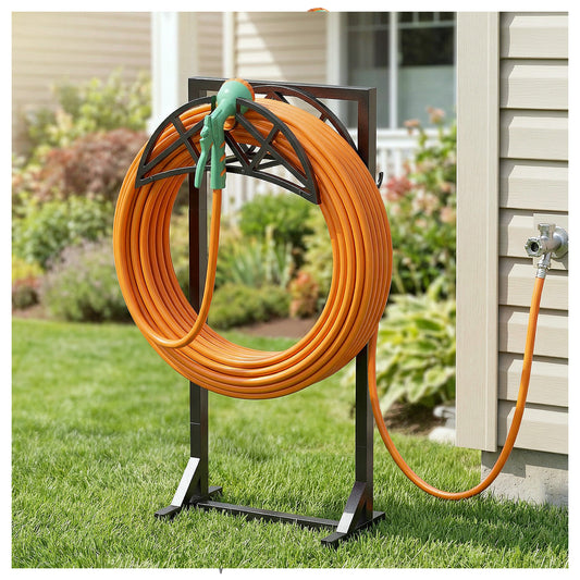 YFFSRJDJ Garden Hose Holder, Heavy-Duty Water Hose Reel with Stable Base & 2 Tool Hooks, Freestanding Storage Rack for Outside, Holds 150ft – Metal Stand for Yard & Lawn