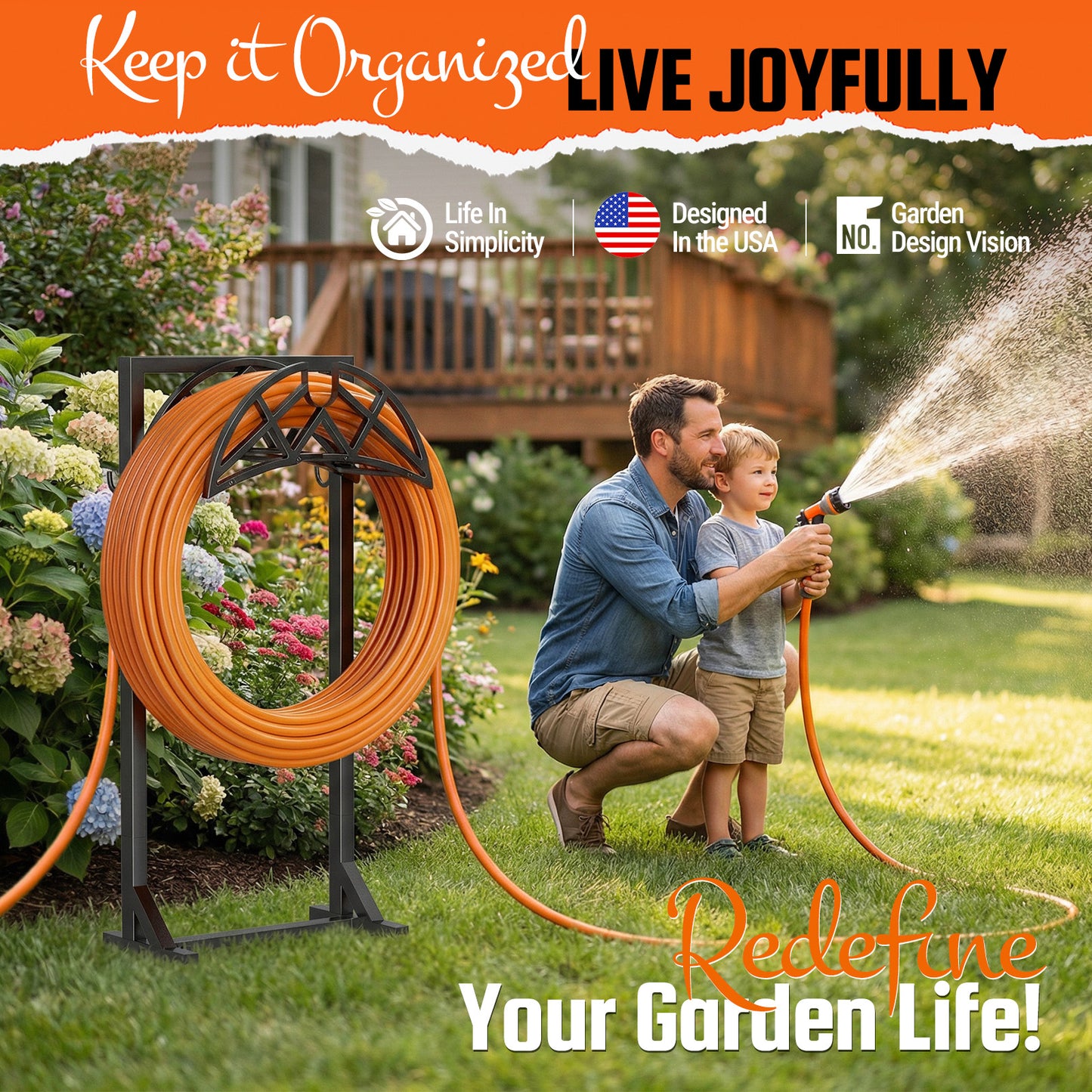 YFFSRJDJ Garden Hose Holder, Heavy-Duty Water Hose Reel with Stable Base & 2 Tool Hooks, Freestanding Storage Rack for Outside, Holds 150ft – Metal Stand for Yard & Lawn