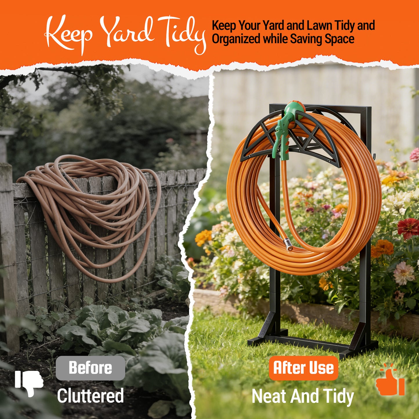 YFFSRJDJ Garden Hose Holder, Heavy-Duty Water Hose Reel with Stable Base & 2 Tool Hooks, Freestanding Storage Rack for Outside, Holds 150ft – Metal Stand for Yard & Lawn