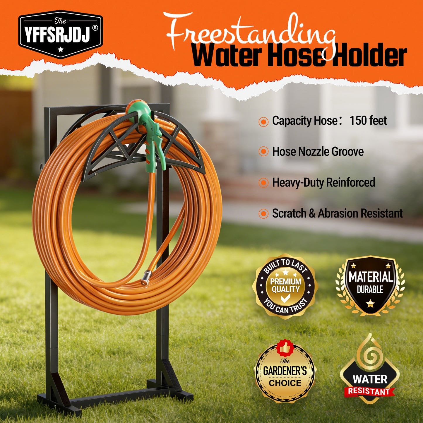 YFFSRJDJ Garden Hose Holder, Heavy-Duty Water Hose Reel with Stable Base & 2 Tool Hooks, Freestanding Storage Rack for Outside, Holds 150ft – Metal Stand for Yard & Lawn