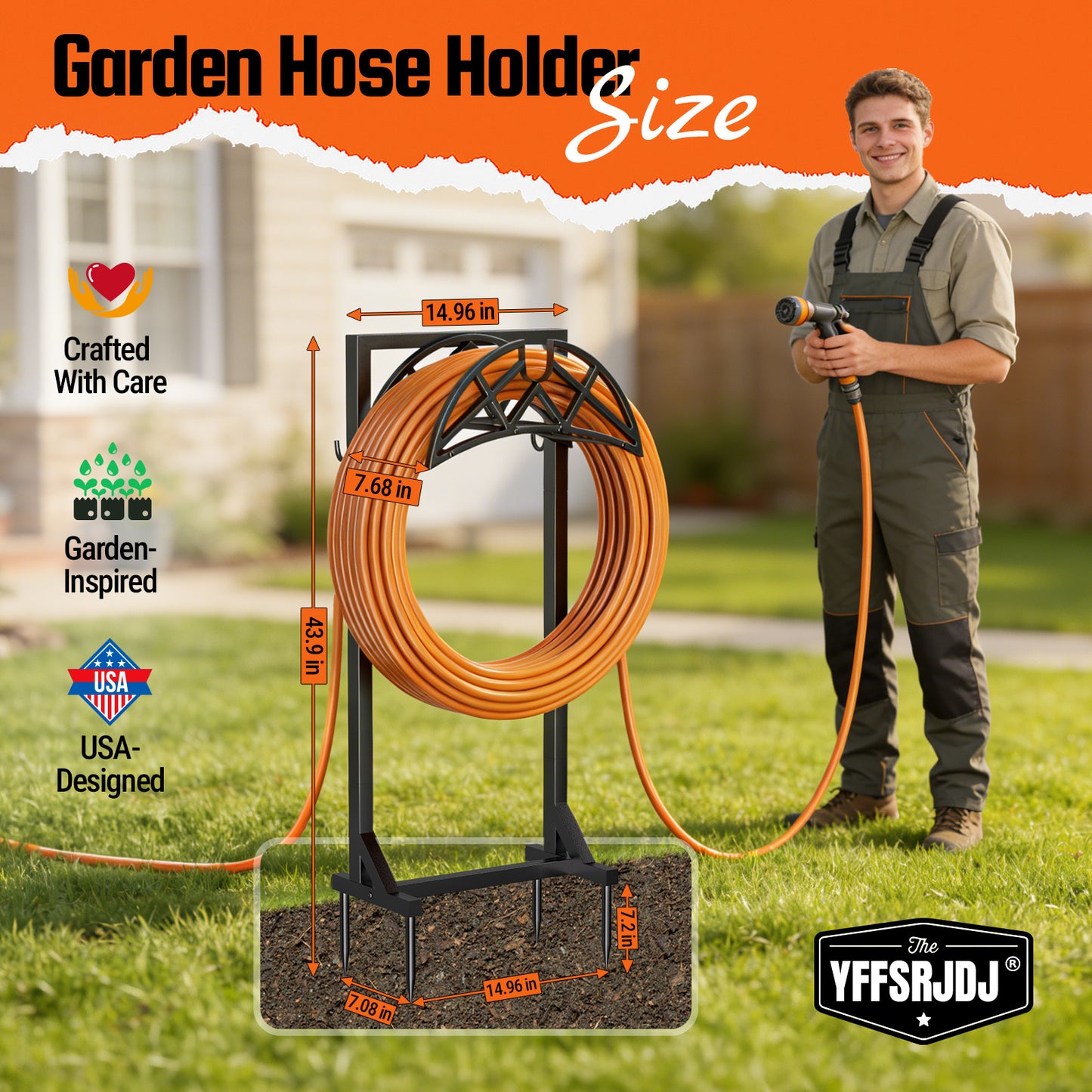 YFFSRJDJ Garden Hose Holder, Heavy-Duty Water Hose Reel with Stable Base & 2 Tool Hooks, Freestanding Storage Rack for Outside, Holds 150ft – Metal Stand for Yard & Lawn