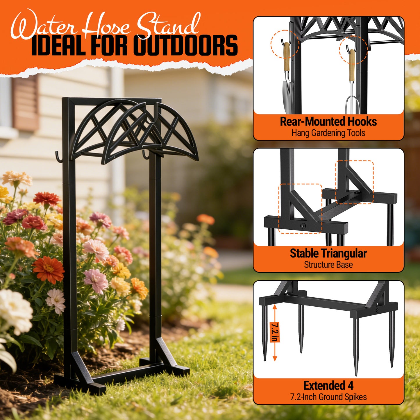 YFFSRJDJ Garden Hose Holder, Heavy-Duty Water Hose Reel with Stable Base & 2 Tool Hooks, Freestanding Storage Rack for Outside, Holds 150ft – Metal Stand for Yard & Lawn